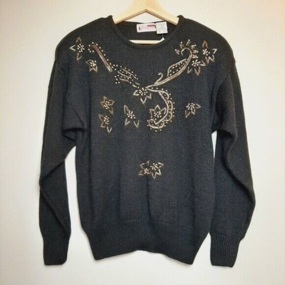VINTAGE New w Tags Fuzzy Sweater Black Floral Embellished Sz L - Picture 2 of 8